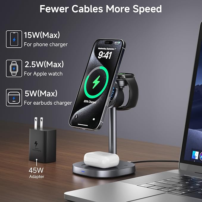 3-in-1 Magnetic Wireless Charging Stand | Rotatable Heat Dissipation Function Qi2 Certified 15W Compatible with iPhone 17-12 Series
