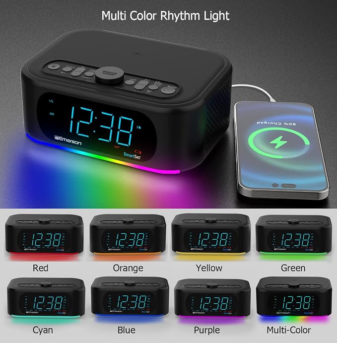 Emerson ER100202 Smartset Dual Alarm Clock Radio with USB Port and QI Wireless Phone Charger with Bluetooth All Qi Compatible Phones
