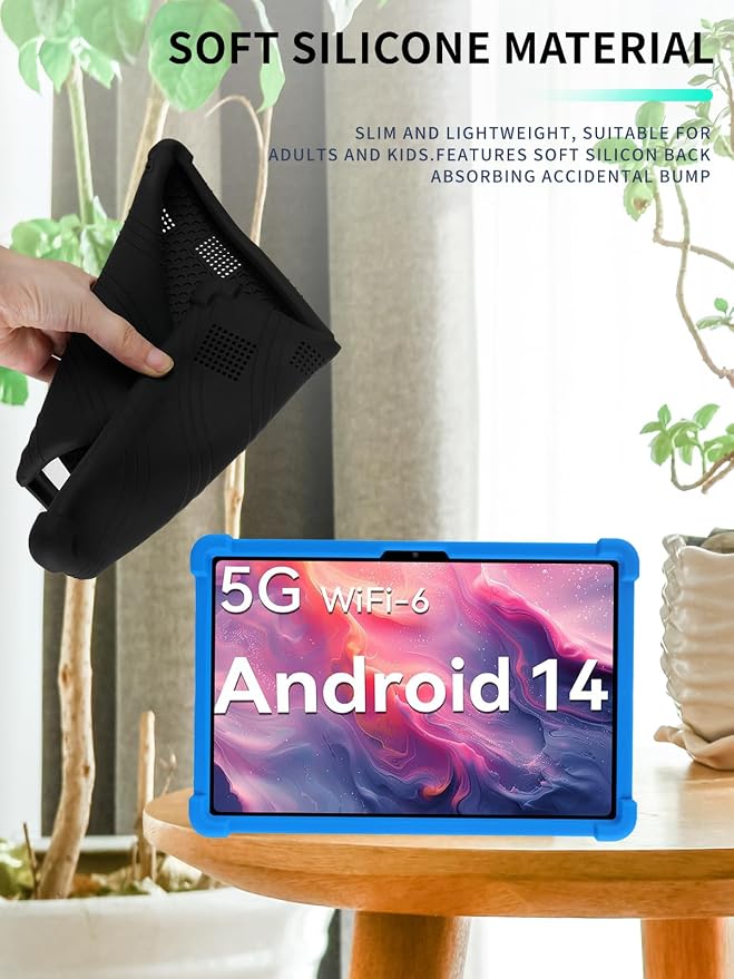 Case for DOMATON D105 Android 14 Tablet 2025 Tablets 10 inch，WUNIAK Shock Proof Lightweight Stand Rubber Shell Protective CoverKids Friendly Soft Silicone Adjustable Stand CoverBlack