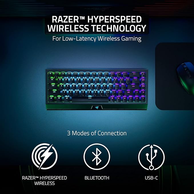 Razer BlackWidow V3 Mini HyperSpeed 65% Wireless Mechanical Gaming Keyboard:HyperSpeed Technology_Yellow Switches_Linear & Silent - Phantom Pudding Keycaps 200Hrs Battery, Green (Renewed)