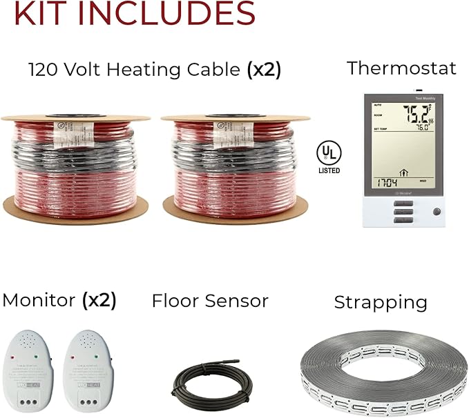 110sqft Floor Heating Cable Kit - 120v Heated Flooring System for Tile Includes UDG Programmable Thermostat w/GFCI, Electric Floor Heating Cable, Strapping, Flooring Sensor & Alarm
