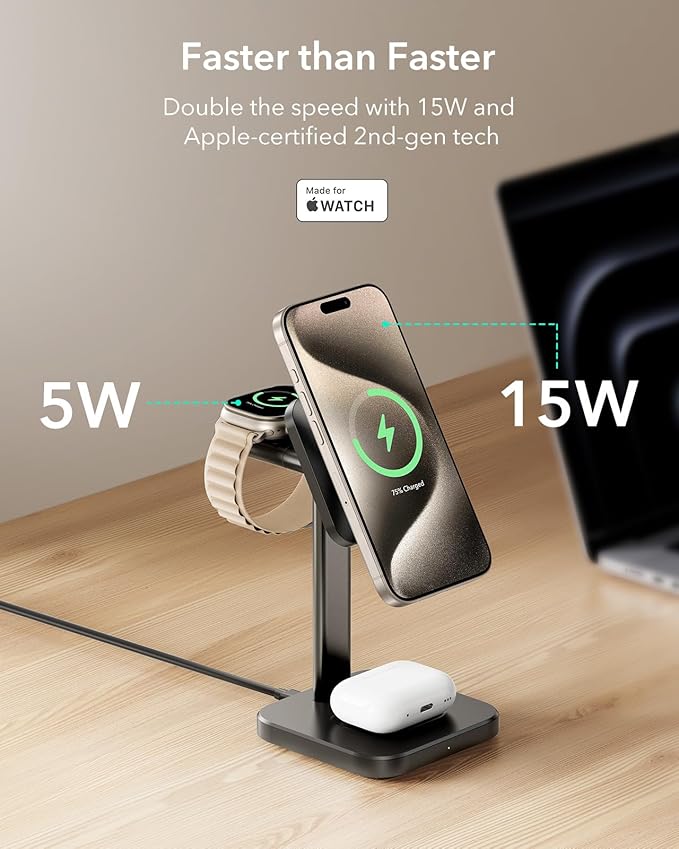 ESR for 3 in 1 Wireless Charging Station, Certified Apple Watch Charger, 15W MagSafe Charger Stand for iPhone, Wireless Charger for Multiple Devices iPhone 17/16/15/14/13, Watch, AirPods, Black