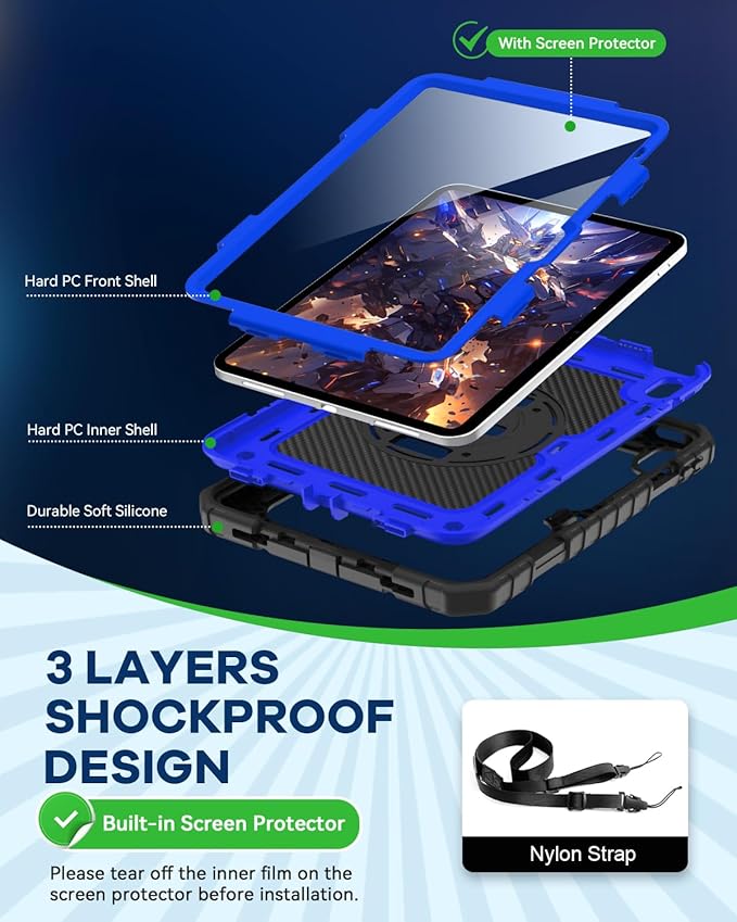 Cantis Case for iPad 11-inch (A16) 2025/ iPad 10th Generation 2022 (10.9 inch) with Screen Protector, iPad 11th Case with 360 Degree Rotating Stand/Shoulder Strap/Pencil Holder, Black+Dark Blue