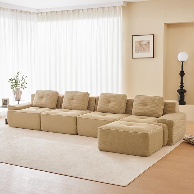 150" Modern Compressed Boneless Couch with Ottoman, 4 Seater Large L Shaped Sectional Couches for Living Room, Camel Corduroy Cloud Modular Sectional Sofa, Memory Foam, Extra Deep, No Assembly