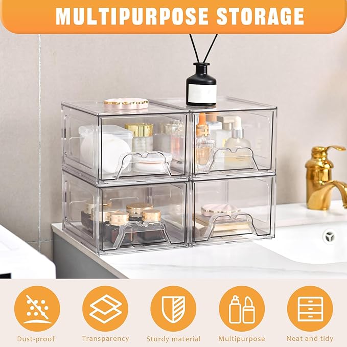 8 Pack Stackable Makeup Organizer, 4.4'' Tall Acrylic Bathroom Makeup Organizer and Storage Drawer with Pull-out Handle, Clear Plastic Storage Bins for Vanity,Pantry,Desk,Undersink,Kitchen