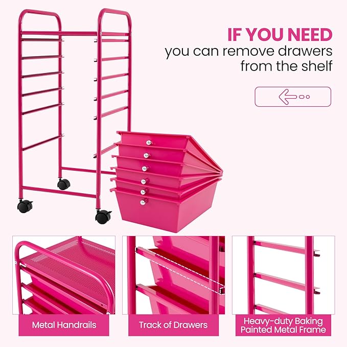 COSTWAY 6-Drawer Rolling Storage Cart, Multifunctional Art Craft Tools Organizer on Wheels, Heavy Duty Utility Mobile Storage Trolley w/ 2 Lockable Wheels for Home Office School, Hot Pink