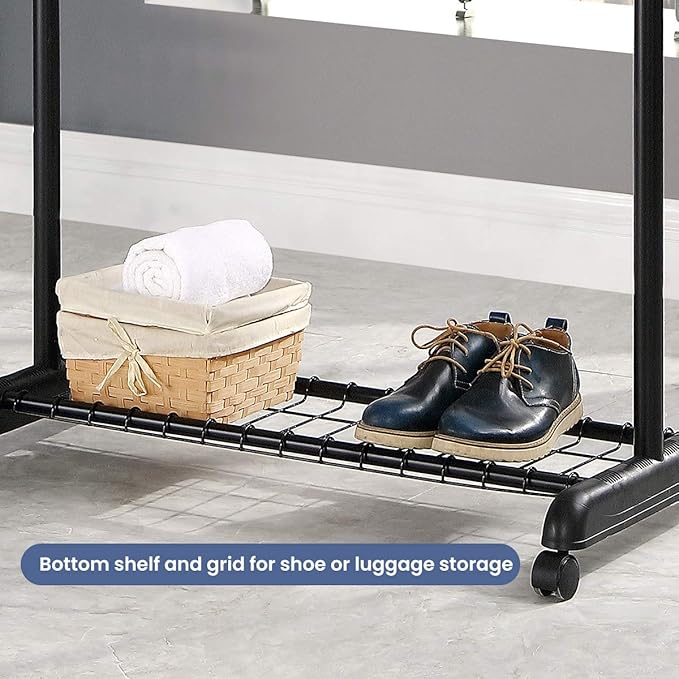 LiaMeE Adjustable Clothing Rack for Hanging Clothes, Heavy Duty Garment Rack with Wheels，Free Standing Rolling Clothes Rack with Shelf & Grid, Easy Assembly Standard Rod, Black & Chrome
