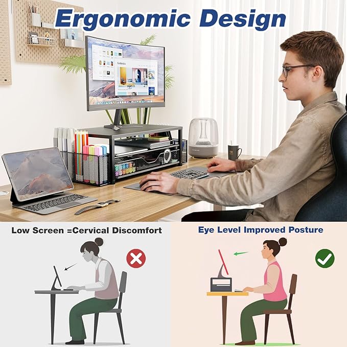 Desk Organizers and Accessories, 2-Tier Computer Monitor Stand Riser with Drawer and 2 Pen Holders, Laptop Stand, Office Desk Accessories for Office Supplies, Pink