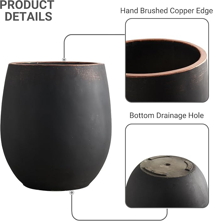 Wallowa 17.7"+13.3"+9.5" Dia Round Concrete Planter Set of 3, Large Outdoor Planter, Black with Gold Rim, Flower Pots with Drainage Holes for Garden, Patio, Home, Office