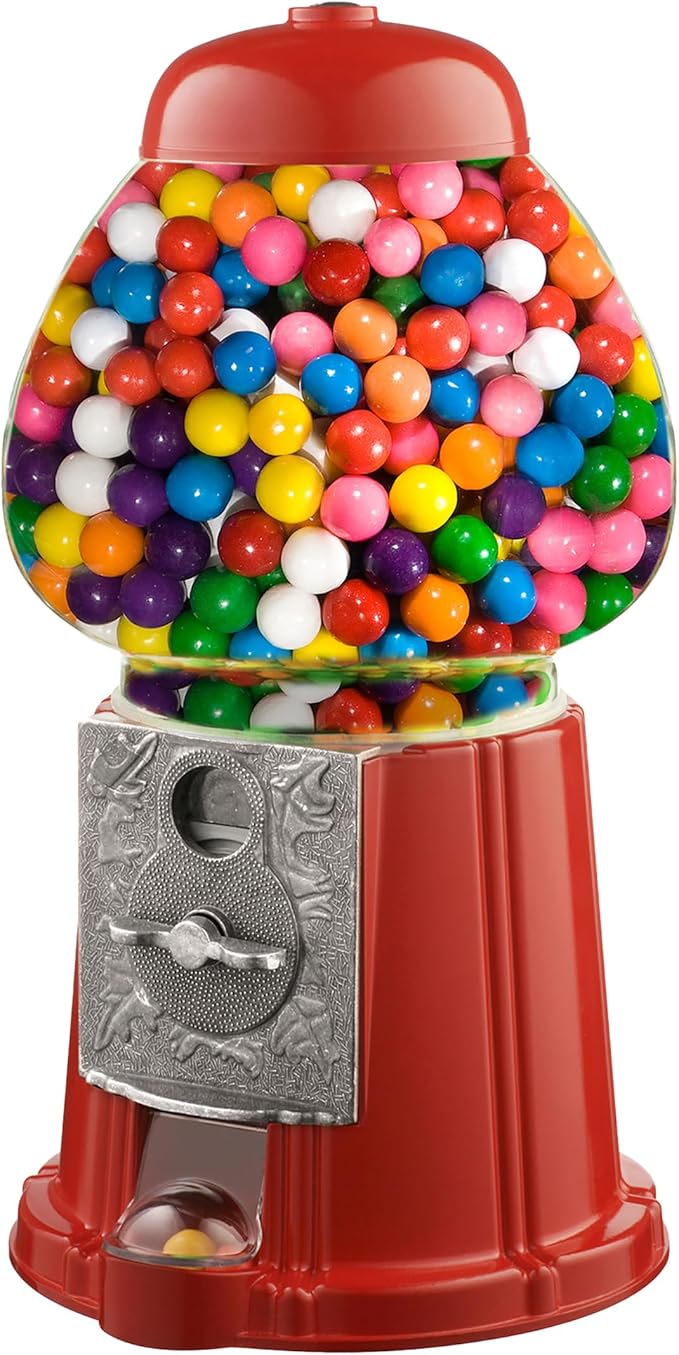 Vintage Gumball Machine - 11-Inch Retro-Style, Coin-Operated Cast Metal Vending Machine with Glass Globe and Free Spin by Great Northern Popcorn (Red)