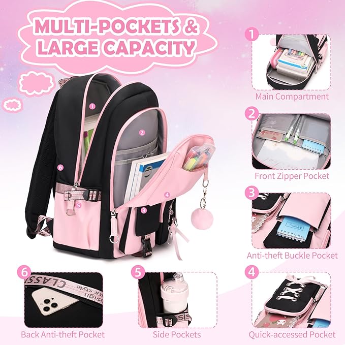 Backpacks for Girls, Girls Backpack with Lunch Box and Pencil Case for Teen Kids Elementary Middle High School College Student, Children School Backpack Bookbag with USB Charging Port (Pink)