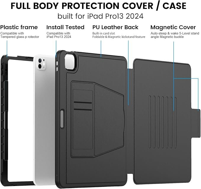 for iPad Pro 11 inch Protective Case M5 2025/M4 2024: Heavy Duty Shockproof Case with Pencil Holder - 360°Rotating Handle/Stand - Screen Protector - Shoulder Strap Black/Sky Blue