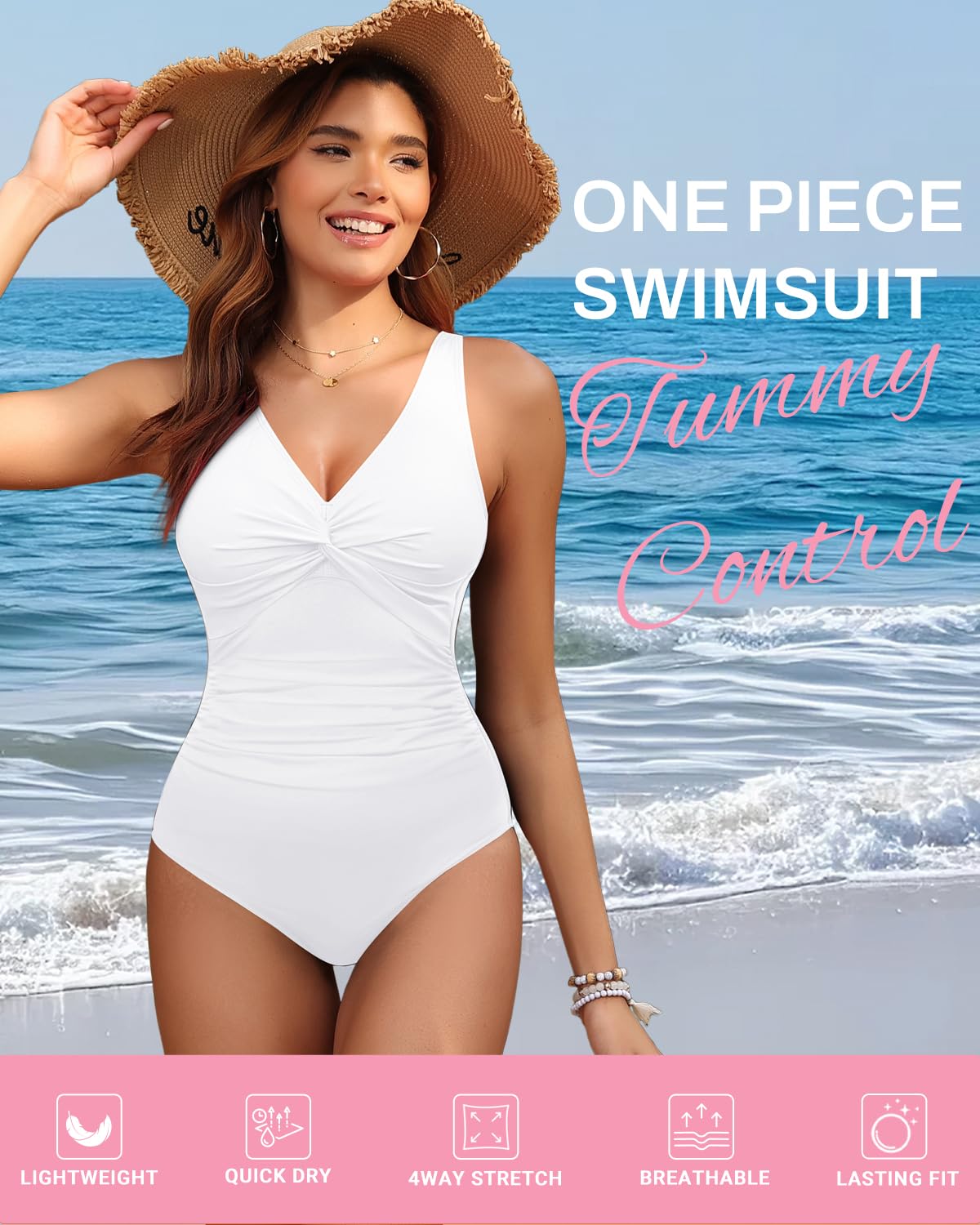 White Tummy Control One Piece Swimsuit Full Coverage Bathing Suit XL