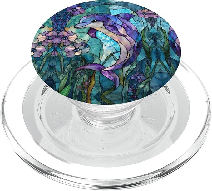 Dolphin Stained Art Effect Stain Art Floral Sea Teal Purple PopSockets PopGrip for MagSafe