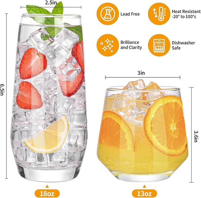 Drinking Glasses Set of 8,Clear 13 oz & 18oz Crystal Glass Cups,Drinkware Glassware,Highball Water Tumbler,Short Stemless Wine Glasses，for Beer,Cocktail,Whiskey,Juice and Various Mixed Drinks