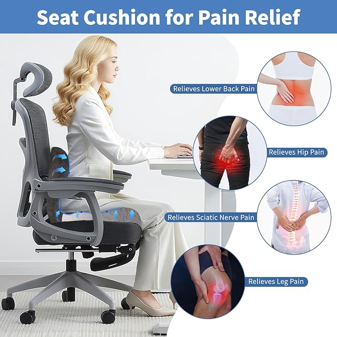 Memory Foam Office Chair Cushion, Ergonomic Seat Cushion with Lumbar Support, Extra Thick L-Shaped Integrated Seat Cushions with Adjustable Strap, for Gaming, Car Seat Cushion(Gray Stitching)