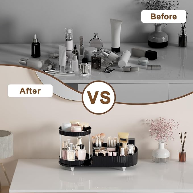 Makeup Organizer Countertop for Vanity with 360 Rotating Perfume Trays, 7-Compartment Skincare Organizers and Make Up Desk Storage, Cosmetic Organizer with Brush Holder for Bedroom Bathroom Counter
