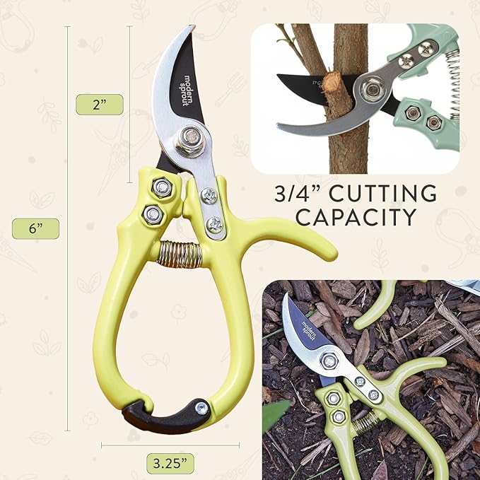Modern Sprout Hand Pruners - Lightweight Pruning Shears W/Easy Lock- Gardening Scissors - Bypass Sharp Carbon Steel Blade - Rust Resistant - Garden Tools - Reusable Holster - Chartreuse