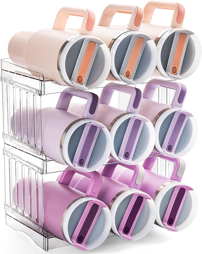 Water Bottle Organizer Holder for Stanley Cup Accessories, Fridge Kitchen Cabinet Organizer and Storage for Meoky 40 oz Tumbler with Handle, Stackable Plastic Travel Mug Cup Rack Gifts, 3Pack