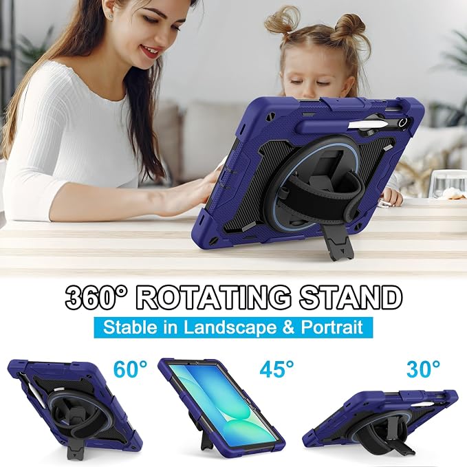 Galaxy Tab S10 Lite/S10 FE/S9 FE 5G/S9 Case 10.9/11 inch | with Screen Protector 360° Rotating Kickstand Hand/Shoulder Strap Heavy Duty Shockproof Cover S Pen Holder Kids Friendly