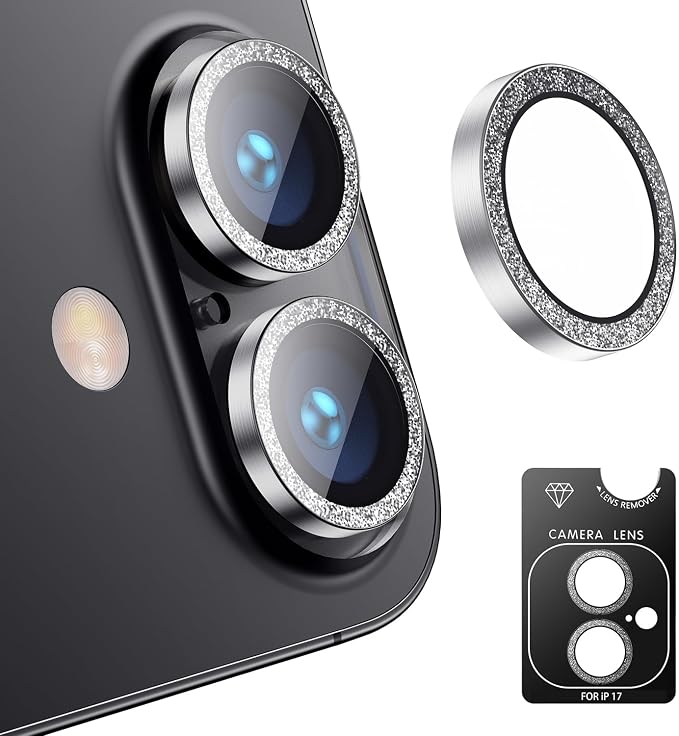 Korecase for iPhone 17/iPhone 16/iPhone 16 Plus Camera Lens Protector Bling 9H Tempered Glass Anti Scratch Camera Screen Protector Shockproof Film Metal Ring Lens Protector Glitter-Black