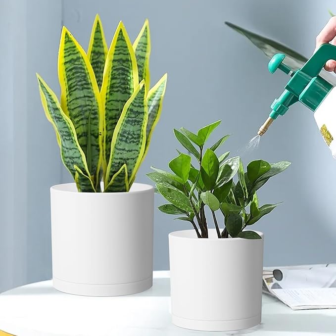 8/7/6 inch Plant Pots, Set of 3 Cylinder Flower Pots for Outdoor Indoor Plants, Decorative Plastic Planters with Drainage Holes and Saucers for Garden House Plants, White