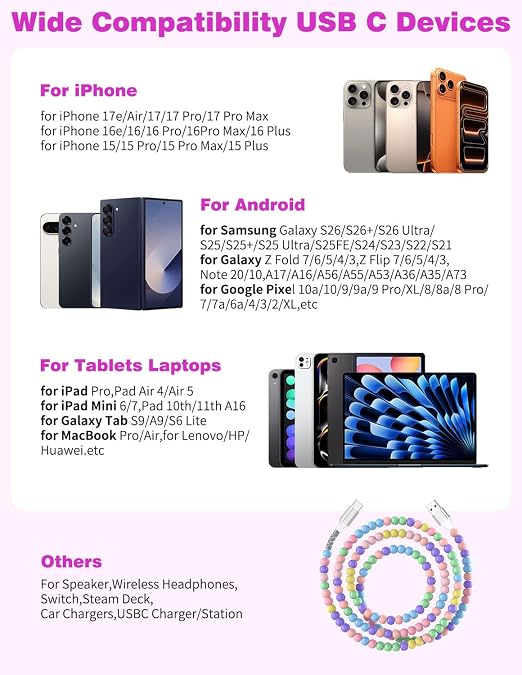 Jelanry 3FT USB-A to USB-C Fast Charging Cable Beaded &ampData Sync Women Girl | Cute kawaii beaded cable for iPhone 17/16/15 Samsung S26/S25/S24 Pixel iPad Fast charge for daily use office &amp tra