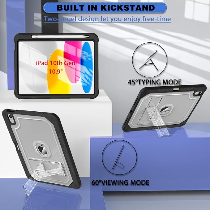 ZoneFoker Case for iPad 11-inch (A16) 2025 / iPad 10th Gen 10.9 inch 2022 Heavy Duty Shockproof Rugged Protective with Pencil Holder 11th / 10th Translucent Cover with Kickstand
