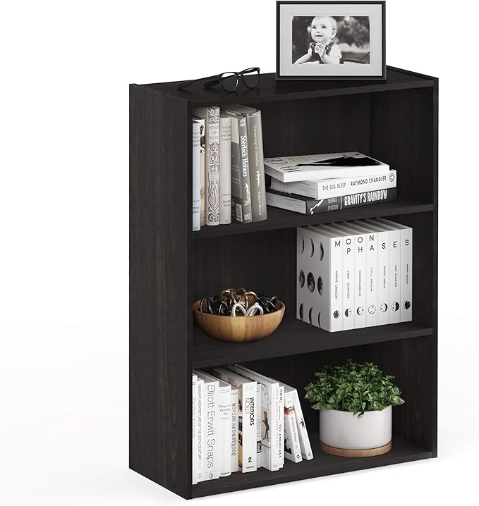 Furinno PASIR Book Shelf, 3-Tier Bookshelf, Storage Shelves Bookcase, 9.7 x 23.7 x 31.5, for Living Room, Bedroom, Home Office, Espresso