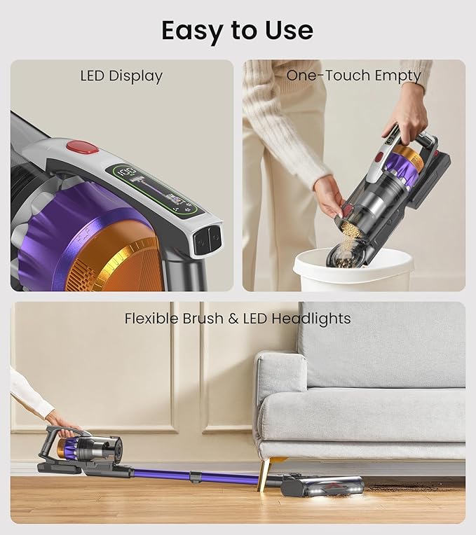 NADALY Cordless Vacuum Cleaner, 650W 55KPA 70Mins Vacuum Cleaners for Home, Anti-Tangle, Self-Standing Stick Vacuum Cordless Rechargeable, Lightweight Vacuum for Hardwood Floors/Pet Hair/Carpet