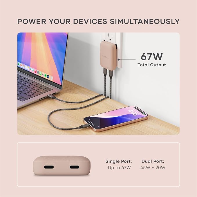 Satechi OntheGo 67W GaN Wall Charger PD 3.0 + PPS Dual USB-C Ports Black | Dual USB-C ports 45W+20W split-charging mode fits MacBook iPad iPhone 17 Galaxy Pixel Steam Deck