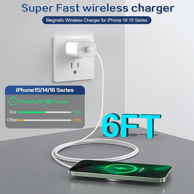 Magnetic Wireless Charger for iPhone 17 162Pack 6FT Wireless iPhone Charging Fast Mag-Safe Charger with Apple USB C Charging Block for iPhone 17 Pro max/17Air/16/15/14/13/12/11/AirPods Pro 3/2-Black