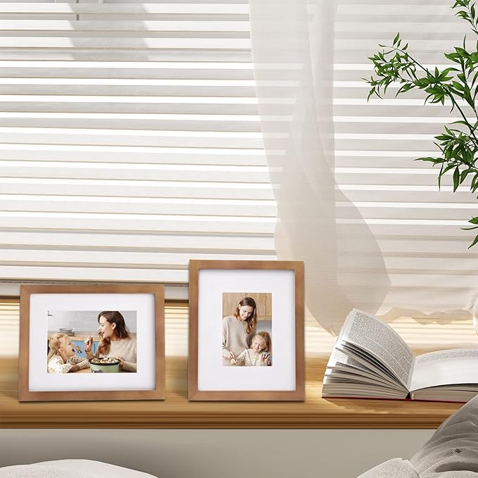 Egofine 8x10 Picture Frame Made of Solid Wood with Plexiglass, Display Pictures 4x6/5x7 with Mat or 8x10 without Mat, for Table Top and Wall Mounting Photo Frame, Light Brown