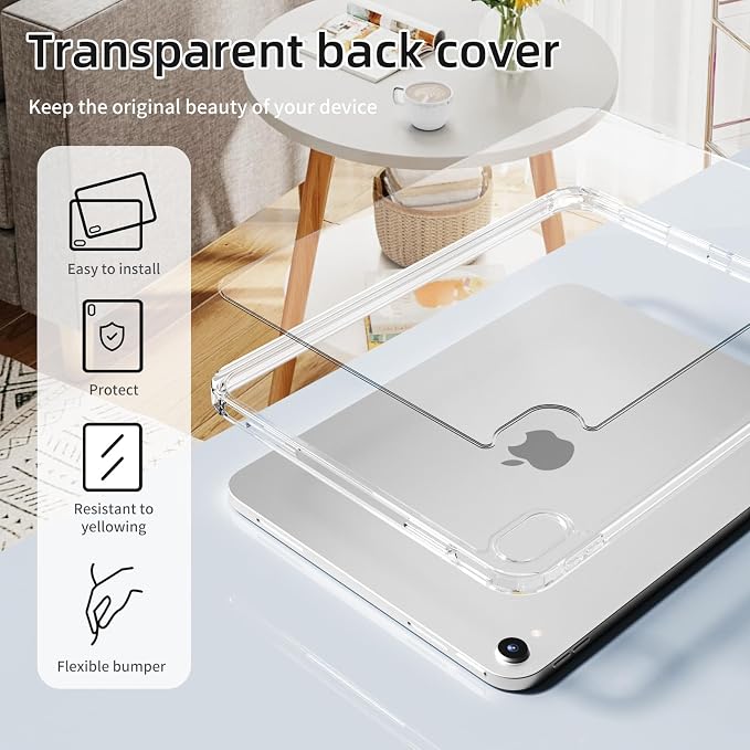 Detachable Case for iPad A16 11th Gen 11/10th Gen 10.9 Black | Slim Transparent Shell Back Soft Shockproof TPU Frame Without Pencil Holder Auto Sleep/Wake