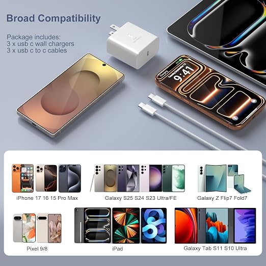 45W Super Fast Charger Type C for Galaxy S26 Ultra USB-C Charger Block with 10ft USB C to C Cable for Galaxy S25 FE S24 S23 Tab S11 S10 Android Phones 3Pack