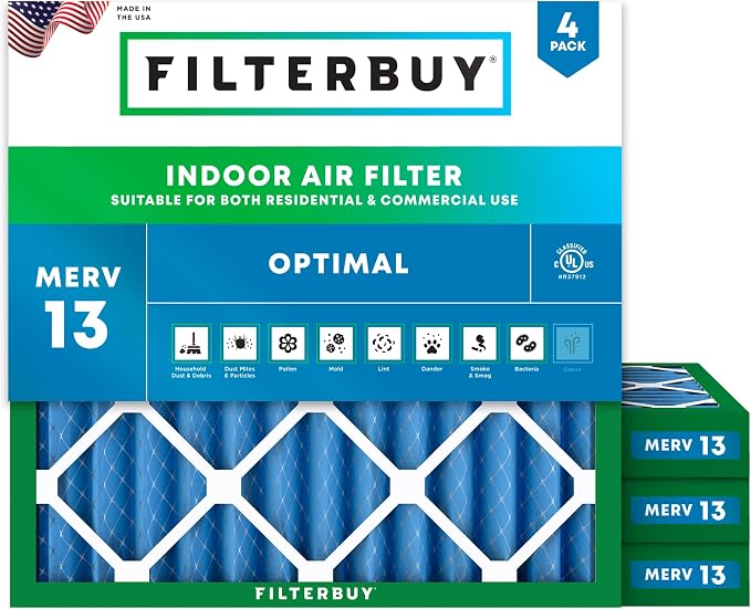 Filterbuy 25x25x2 Air Filter MERV 13 Optimal Smoke & Allergy Defense,
