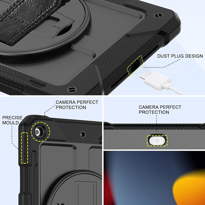 BMOUO for iPad 9th/8th/7th Generation Case 10.2 Black | Shockproof Rotating Stand Shoulder Hand Strap iPad 9th/8th/7th Generation Case with Pen Holder for iPad 10.2“ 2021/2020/2019
