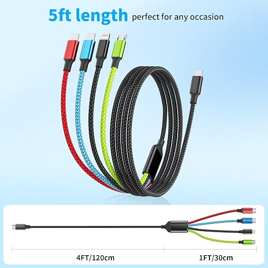 4 in 1 Multi Charging Cable 2 Pack 6FT Charging Cords for Devices | Nylon Braided USB C Car Charger Cable with Dual USB-C IP &amp Micro Ports Long Travel Charging Cord for Cars