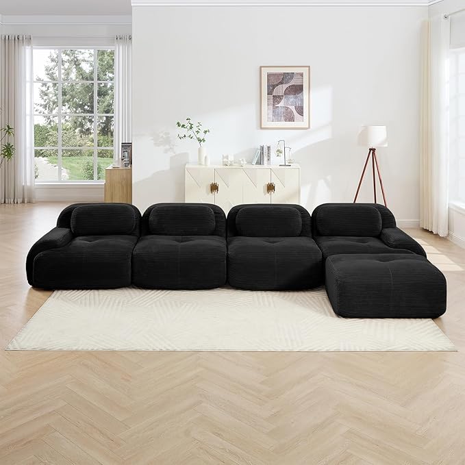 152" Modern Compressed Boneless Couch with Ottoman, 4 Seater Large L Shaped Sectional Couches for Living Room, Black Corduroy Cloud Modular Sectional Sofa, Memory Foam, Extra Deep, No Assembly
