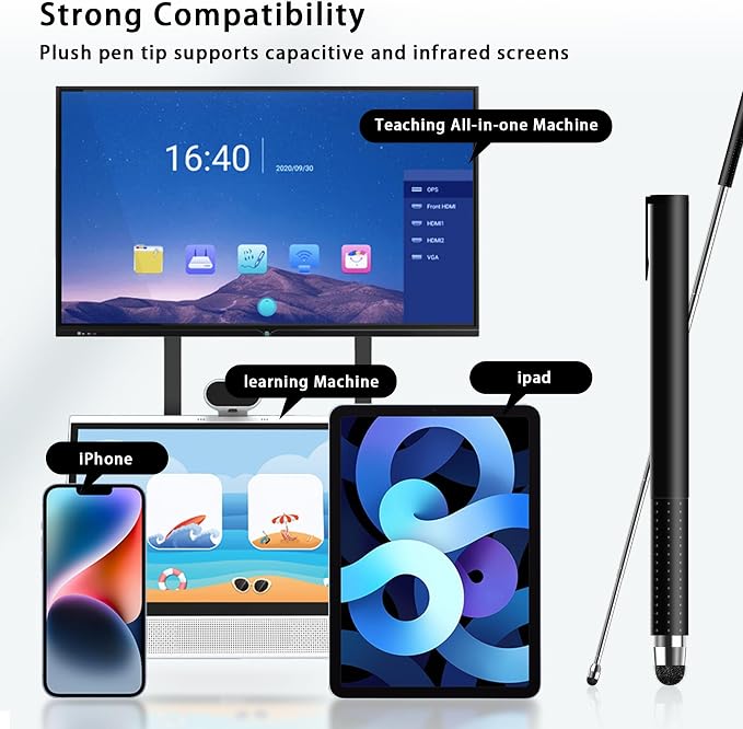 Universal Telescopic Stylus Pen for Touch Screens Retractable Pointer Stick Stylus with Special Flocking Tip Pointers for Classroom Pointer Finger Stick Anti Slip Pen Clip Black