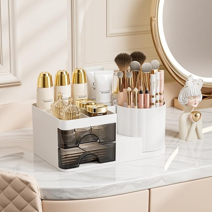 Makeup Organizer for Vanity with 2 Drawers,Countertop Rotating Makeup Brush Holder,Bathroom Organizer Holder,Cosmetic Display Case for Lipstick,Beauty,Skincare Organizer (White)