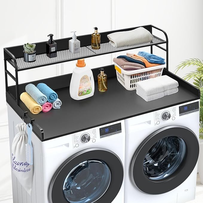 VEVOR Washer Dryer Countertop with 2-Tier Shelf, 54" x 27" Wooden Washer and Dryer Countertop with Anti-Slip Pads, Water-Resistant Laundry Topper Cover for Laundry Room Organization and Storage, Black