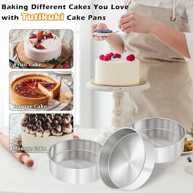 tutikuki 6 Inch Cake Pan - 3PCS Stainless Steel Smash Cake Baking Pans Tins, Round Bakeware for Party Birthday Wedding, Mirror Finish & Dishwasher Safe