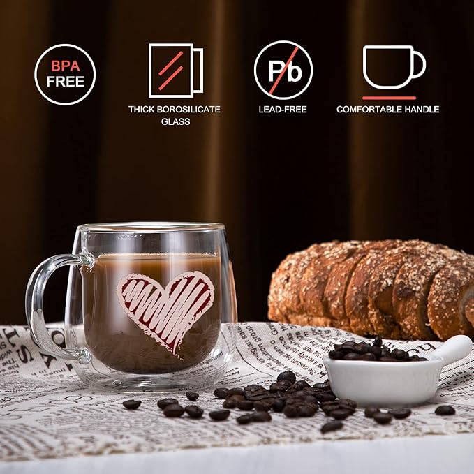 CNGLASS Double Walled Glass Coffee Mugs 10oz,Large Insulated Espresso Cups,Set of 2 Clear Glasses Cappuccino Mug with Handle(Tea Latte Glassware)