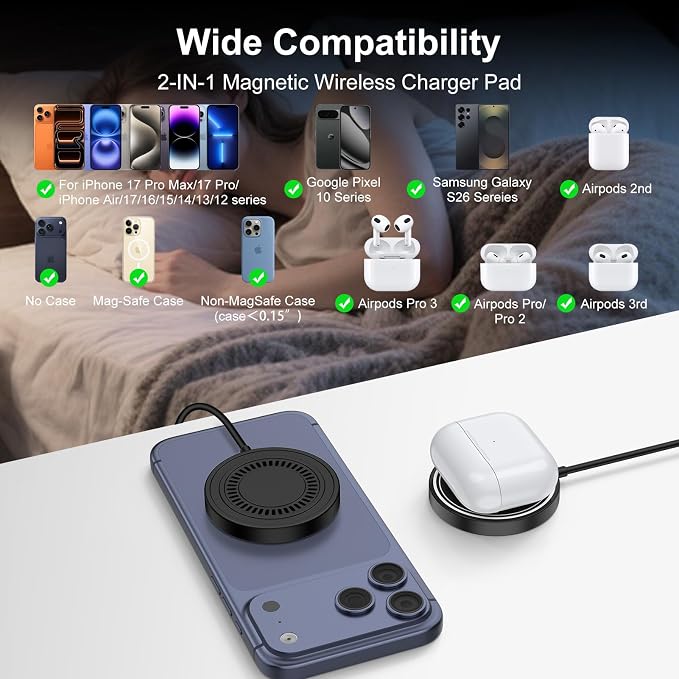 for iPhone 17e Mag-Safe Charger 2 Pack 15W Magnetic Wireless Charger Fast Charging Pad for iPhone 17 16 15 14 13 12&ampAirpods Pro 4 315W Wireless Charger Android USB-C/A for Google Pixel 10a Galaxy