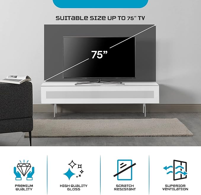 SONOROUS ST-360 Premium TV Stand for Living Room – Modern TV Stands & Entertainment Center with Storage – White Wood & White Glass Cover – Luxury Media Console with Metal Legs for TVs up to 75 inches