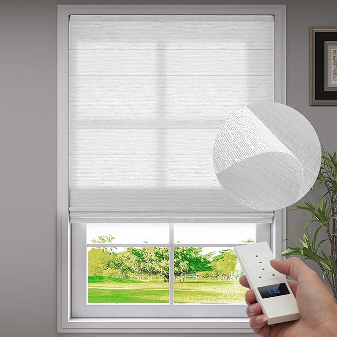 ZSTARR Smart Roman Shades Rechargeable Motorized Blinds with Remote Light Filtering Roman Window Shades Plain Fold Soft for Doors Bedroom, Custom Size (Sheer White)