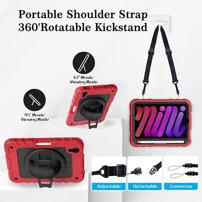 for iPad mini 7 A17 Pro/iPad mini 6 8.3 Inch Case iPad mini 7th/6th Generation Case (2024/2021) with Pencil Holder/Kickstand Hand Strap/Shoulder Strap Black