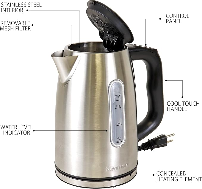 Kenmore 1.7L Cordless Electric Kettle w/ 6 Temperature Pre-Sets, Stainless Steel Teakettle w/LED light, Auto Shut-Off, Keep Warm, Boil-Dry Protection, Silver
