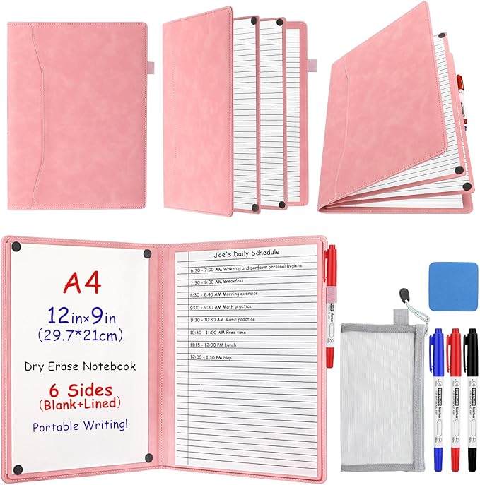 6 Sides Dry Erase Notebook Portable Whiteboards Notebook Small Reusable College Ruled Lined Board Folding Mini Travel Dry Erase White Board for Office Study(Pink,A4: 9 x 12 Inches)